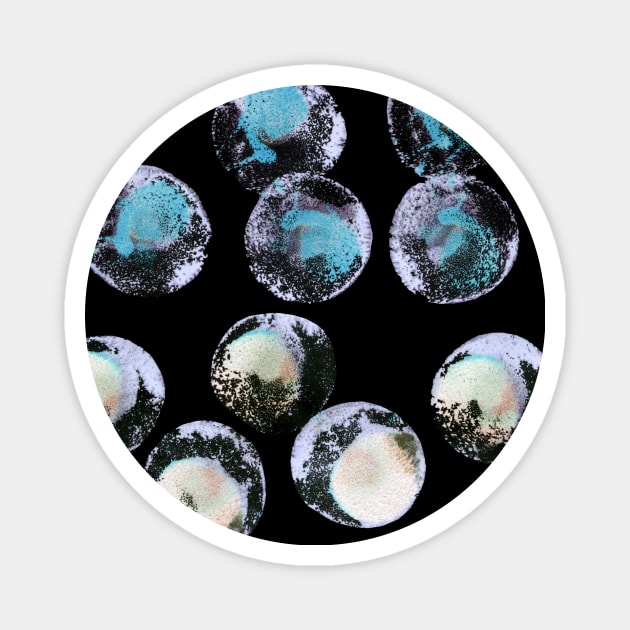 Simple abstract background with bubbles, confetti. Blue, rainbow watercolor dots (circles) on black. Perfect for greeting card, postcard, poster, logo, textile, fabric, packaging, wrapping paper. Magnet by Olesya Pugach